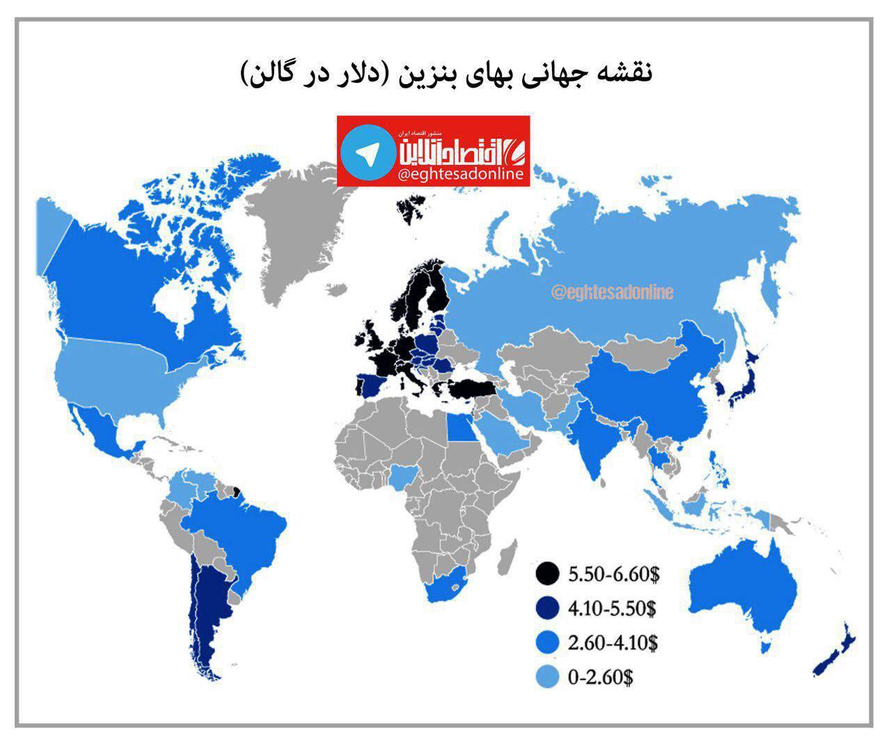 نقشه جهانی بهای بنزین (دلار در گالن)